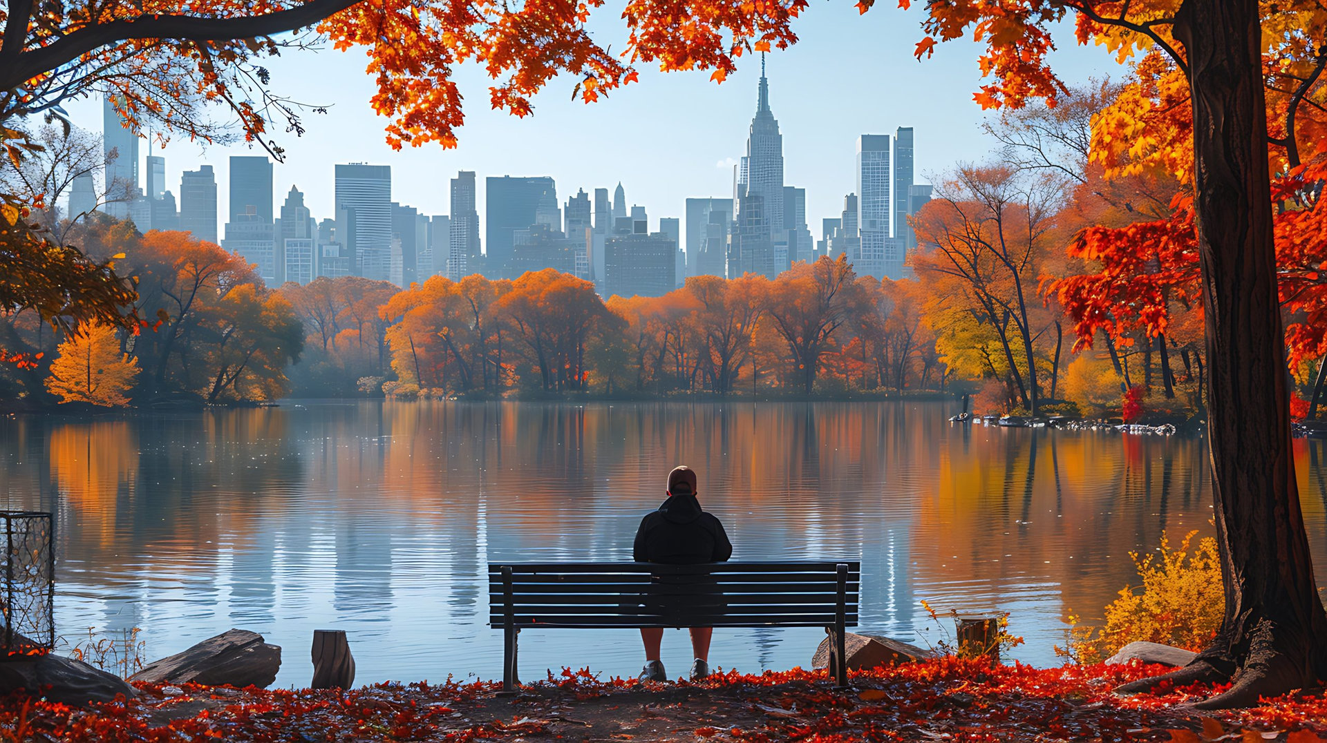 A tranquil scene in Central Park, New York City, with a solo traveler sitting on a bench, colorful autumn leaves, the city skyline peeking through the trees, and a serene pond in the foreground. DSLR,