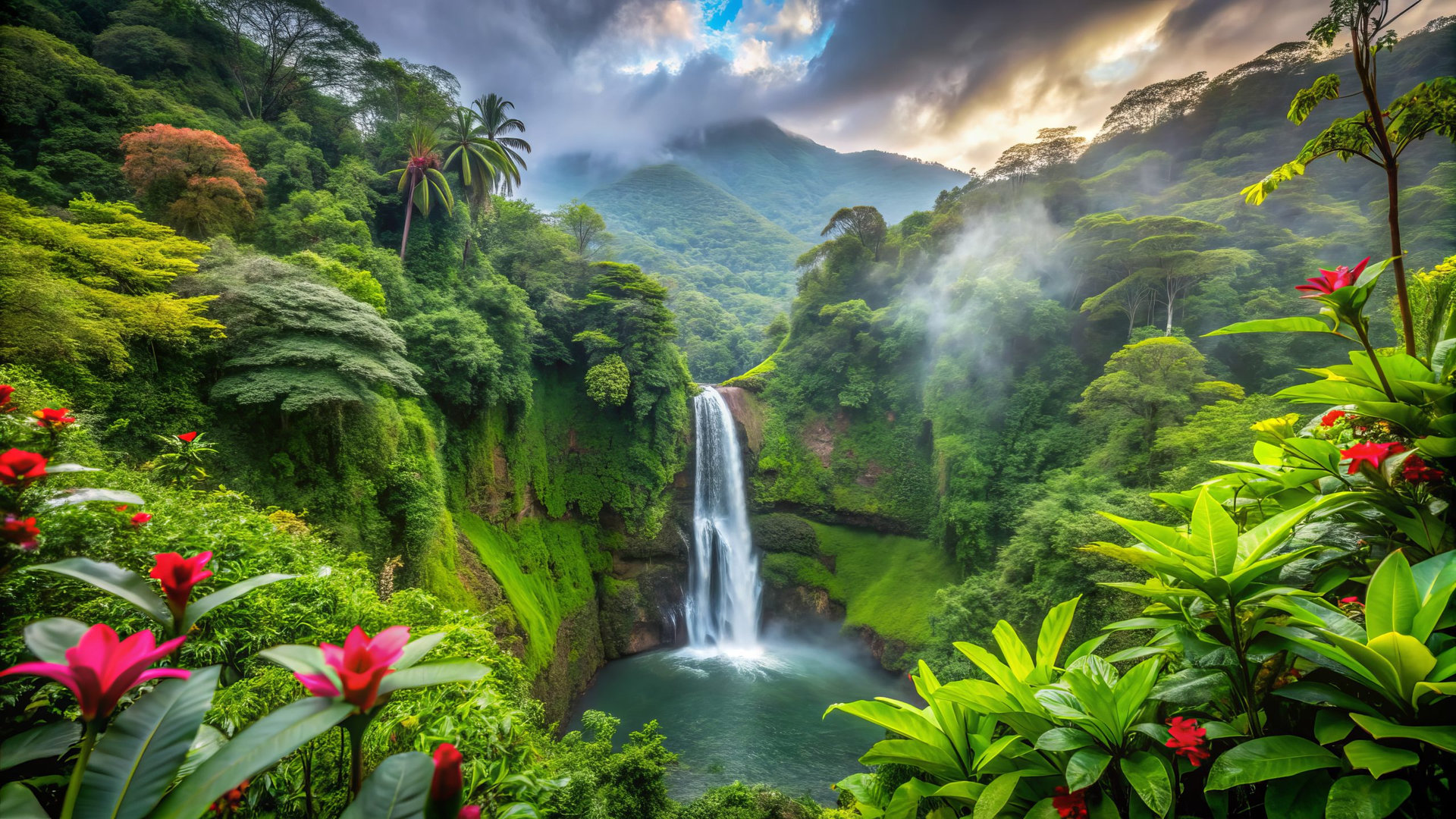 Vibrant tropical rainforest surroundings with exotic flowers, misty waterfalls, and lush greenery invite adventurous travelers to explore Costa Rica's unspoiled natural beauty.