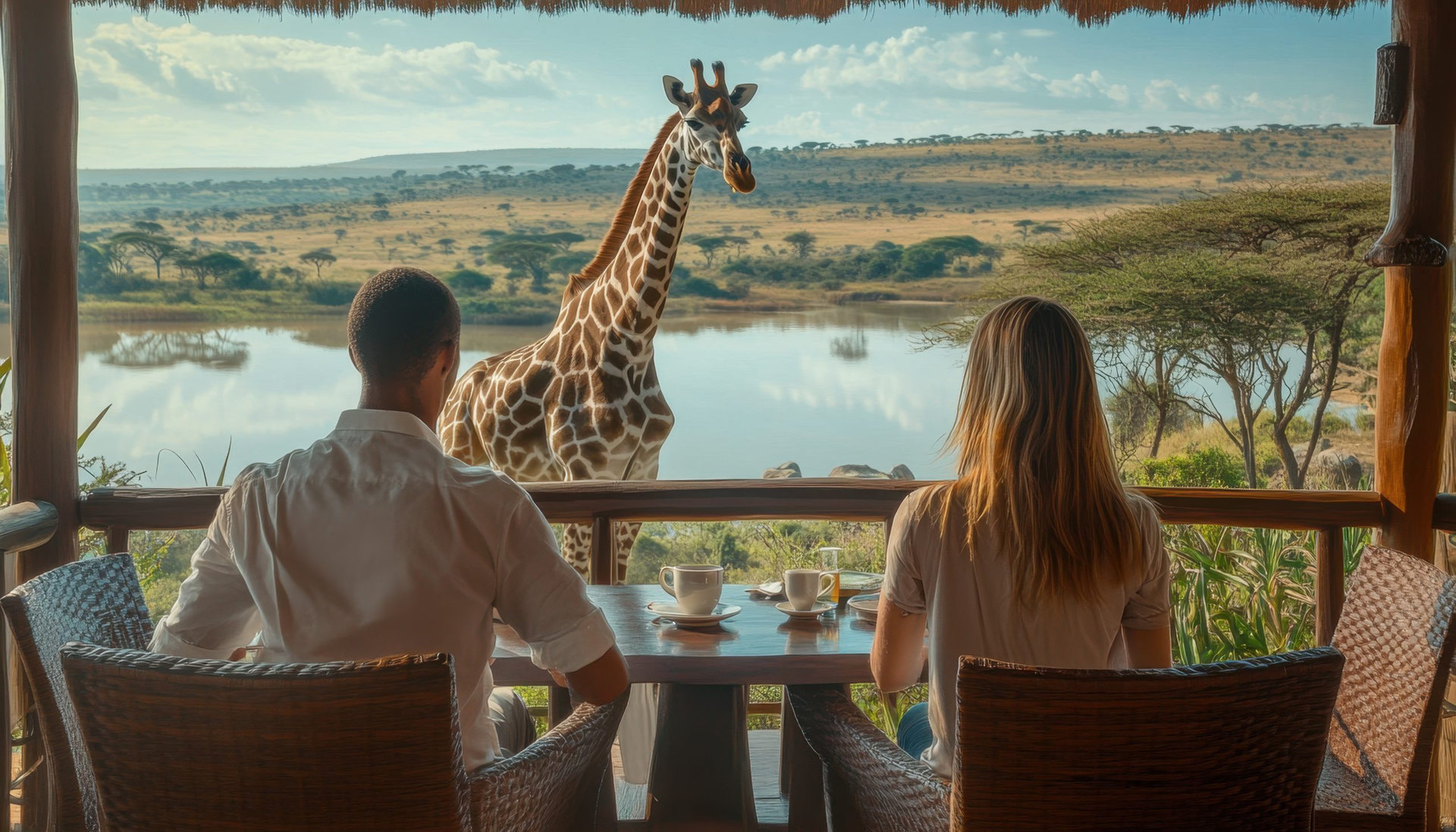 Couple enjoying coffee while a giraffe approaches their lodge in the savannah at sunrise