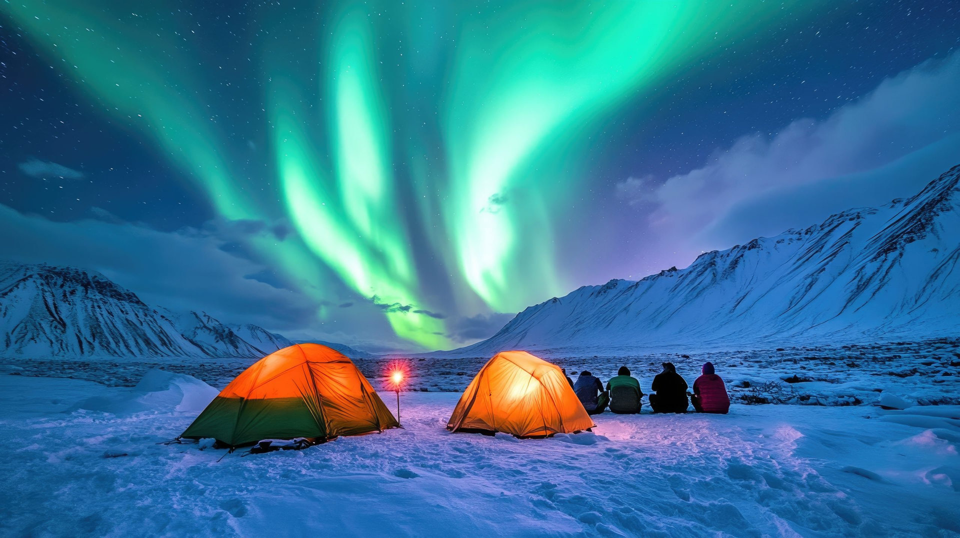 A group of travelers camping under the magical northern lights, with vibrant auroras lighting up the night sky in a remote, icy landscape.