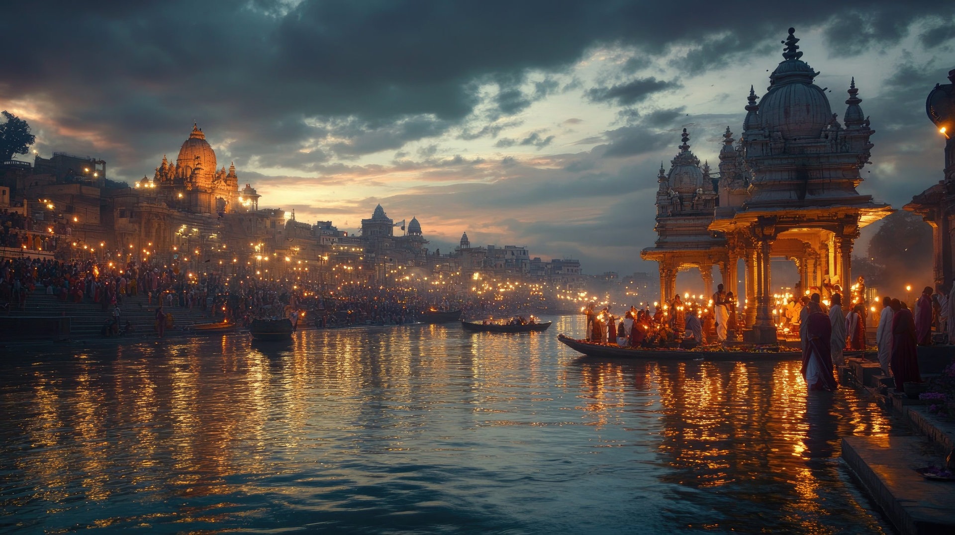 A serene Ganga riverbank with devotees performing evening aarti under a dusky sky, symbolizing spiritual connection and deep Indian beliefs.