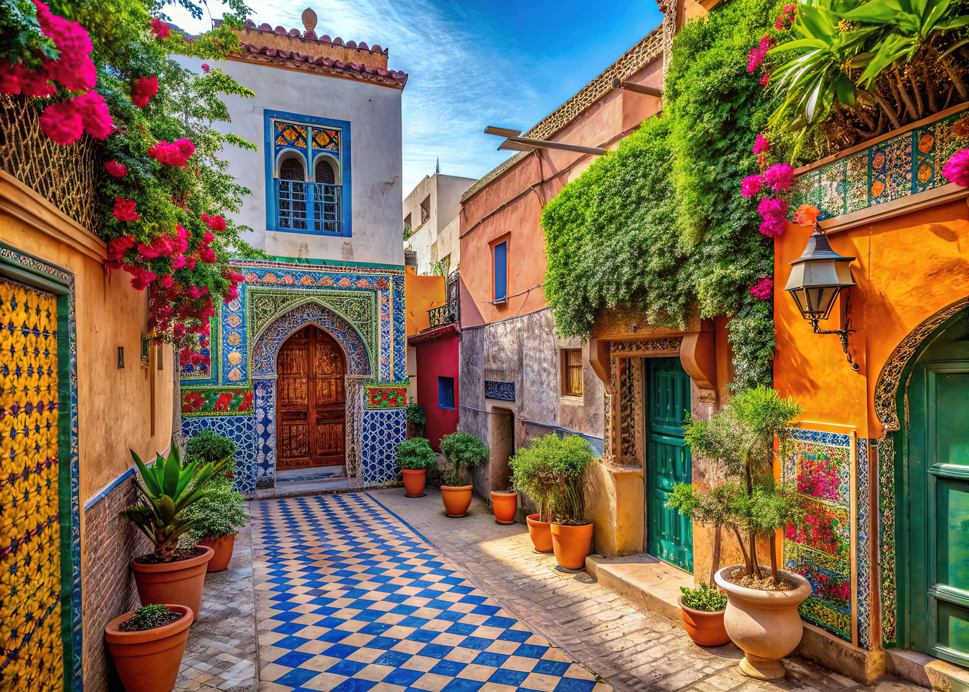 Vibrant multicolored buildings line narrow streets in a traditional Moroccan village, adorned with intricate tile work and ornate architecture, surrounded by lush greenery.