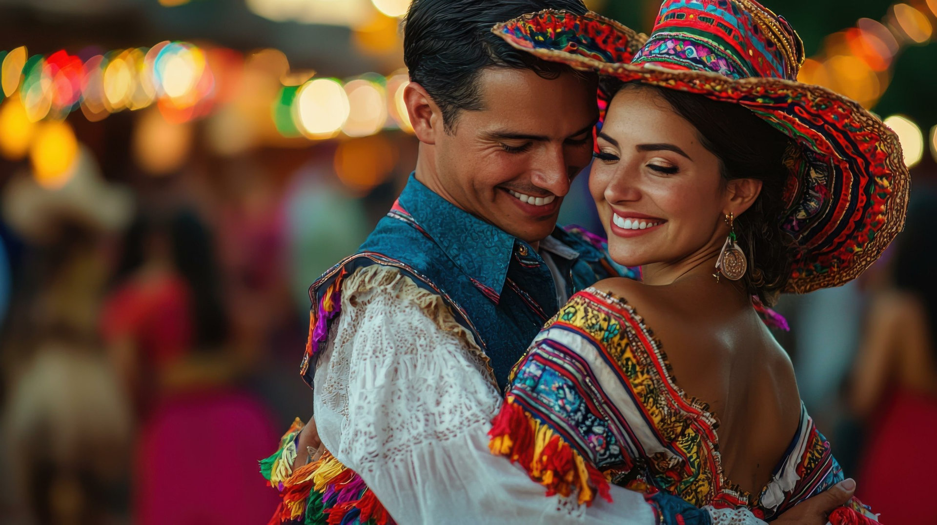 A man and a woman are dancing together in a festive setting. They are wearing colorful traditional attire, and their smiles and closeness suggest a romantic connection. The background is blurry but indicates a lively atmosphere with lights and other people.
