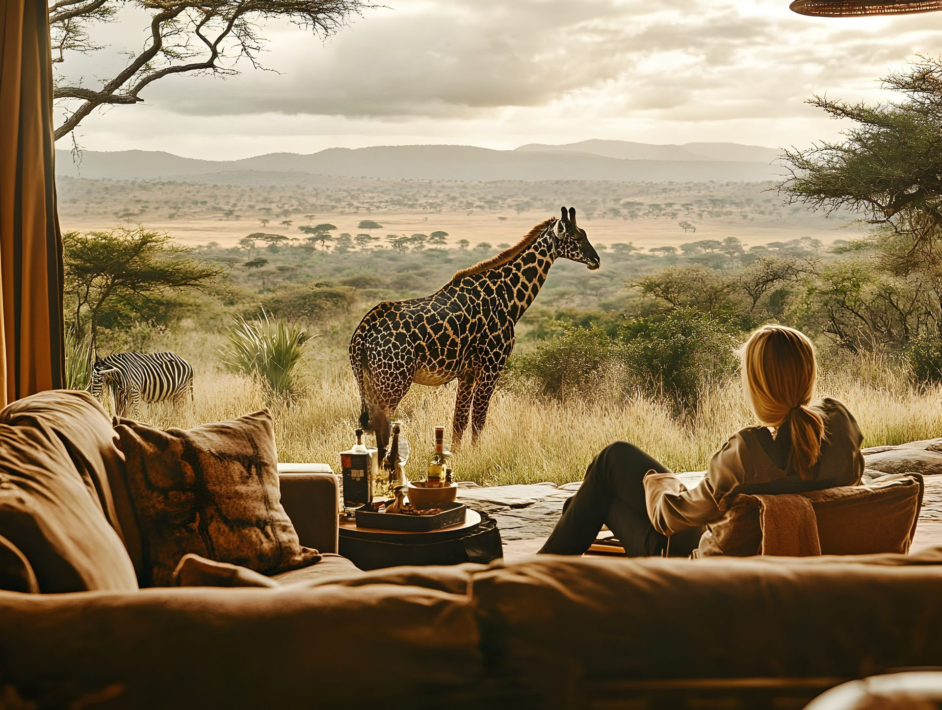 Majestic giraffe captured through a telephoto amidst the untamed wilderness of an eco friendly luxury safari lodge nestled in a picturesque mountain and savanna landscape
