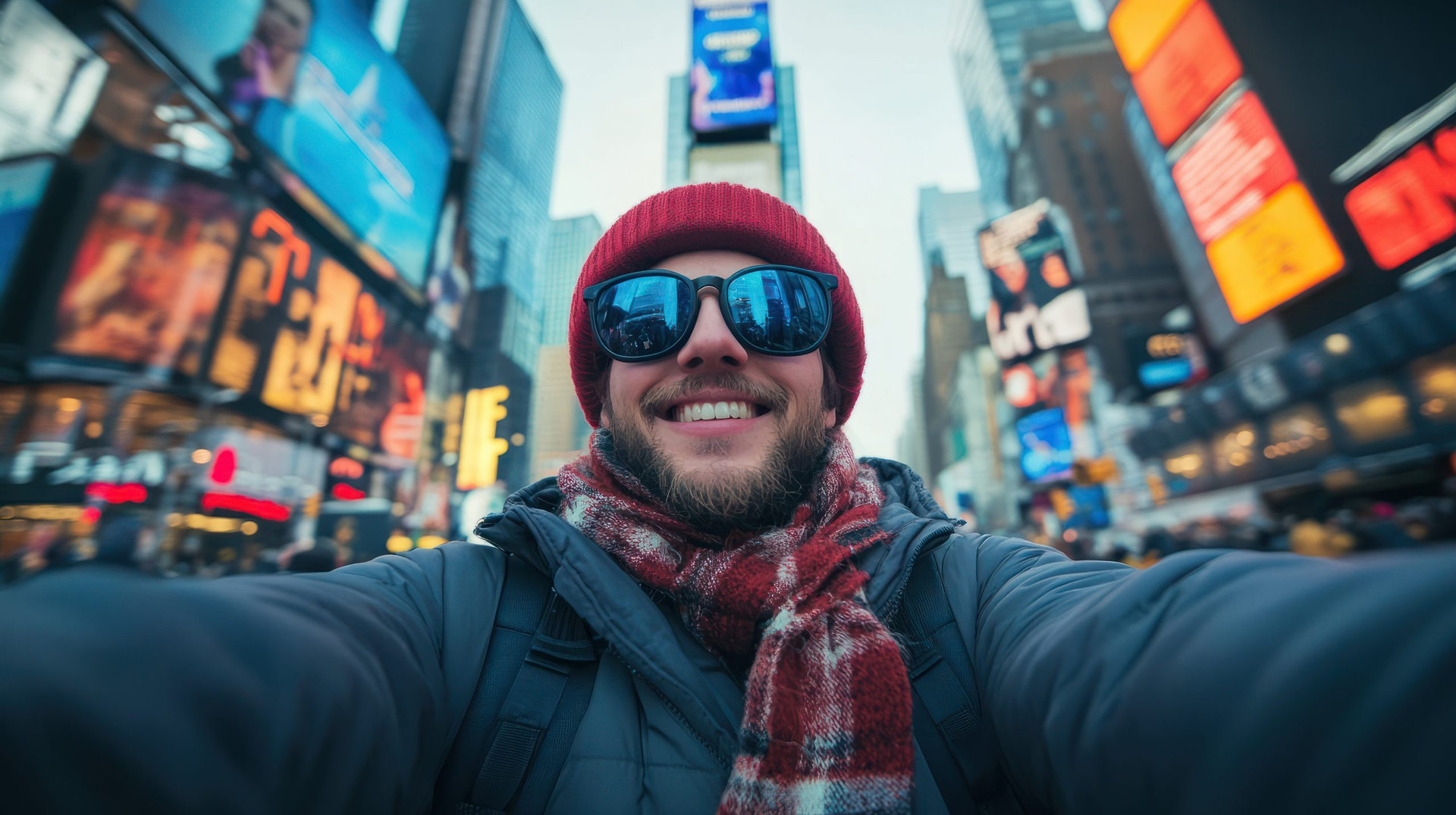 Tourist selfie in Times Square, New York - An exciting selfie of a tourist enjoying the hustle and bustle of Times Square, New York