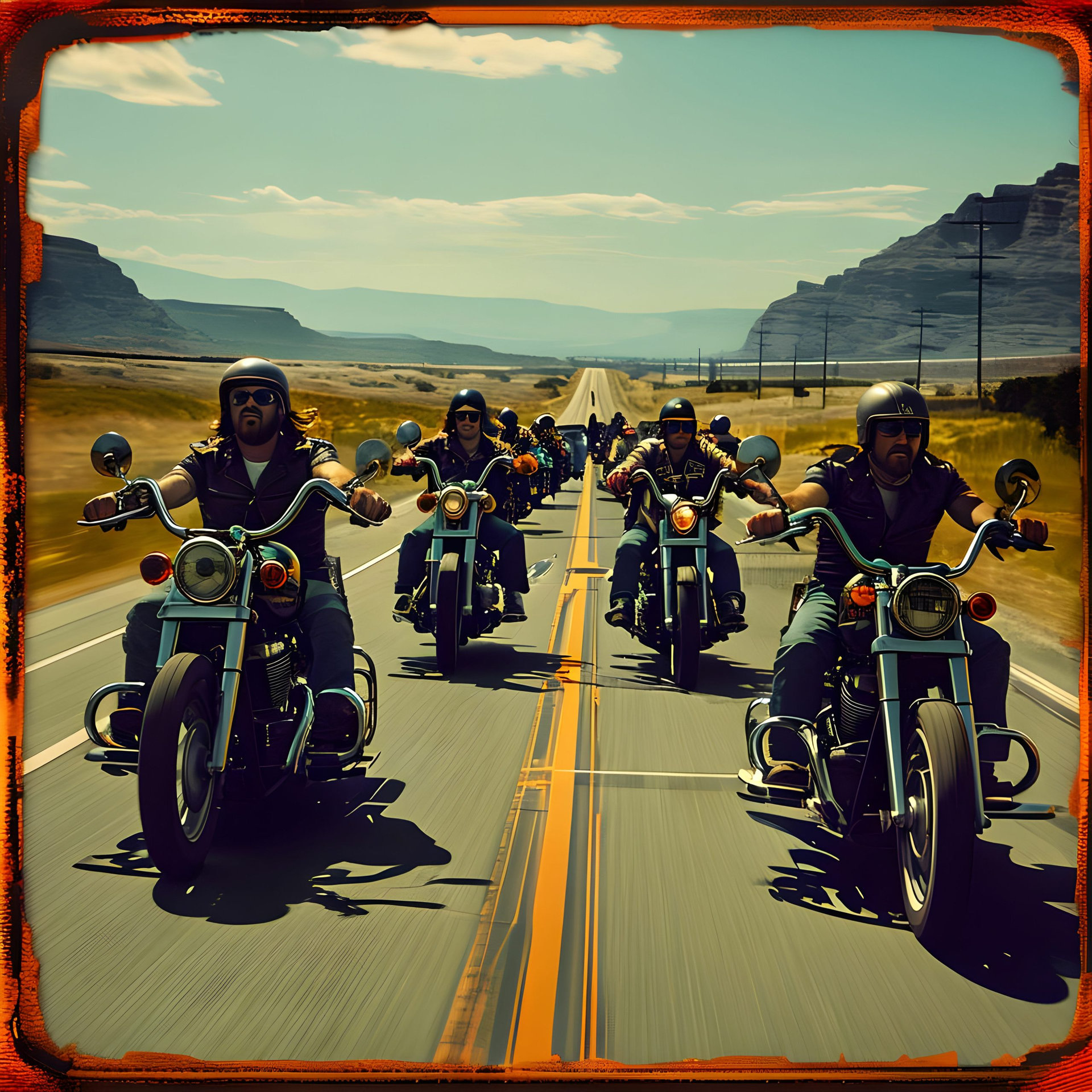 Vintage biker gang riding on iconic highways having a good time
