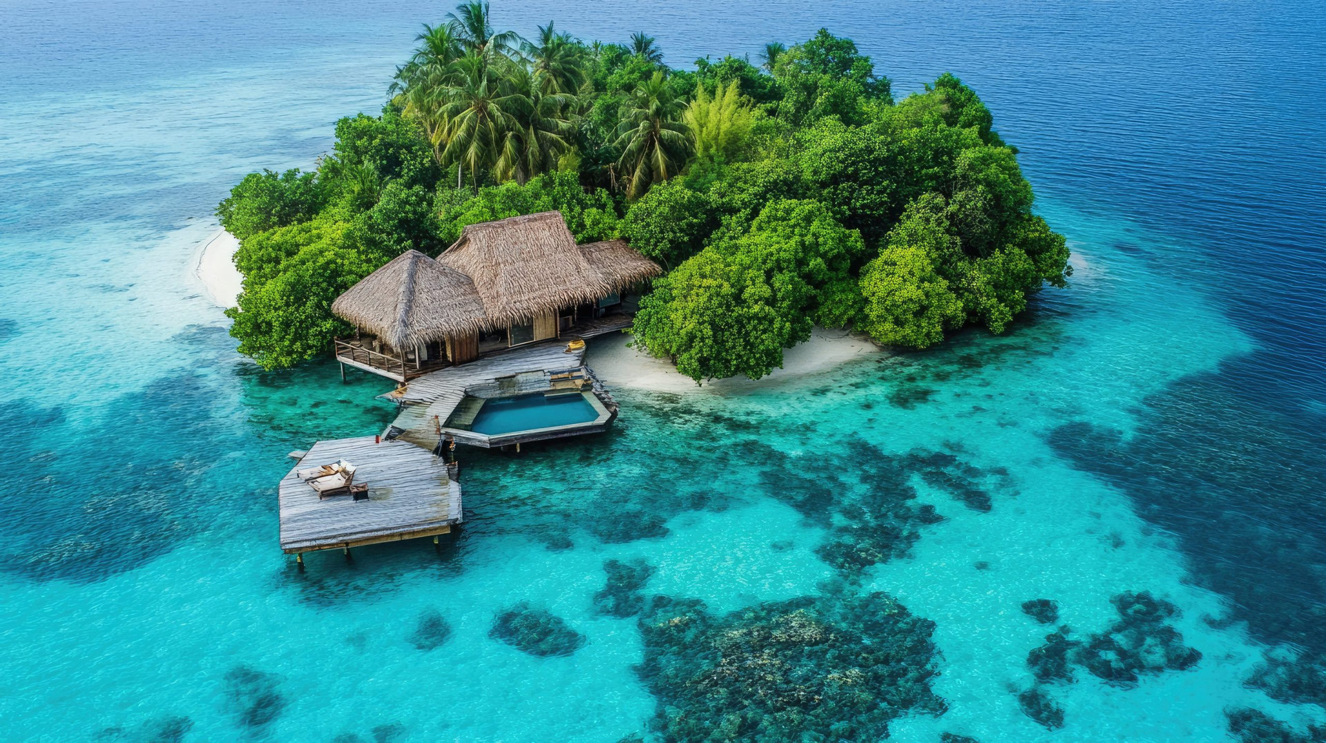 A peaceful island with a small, thatched-roof bungalow and a serene, turquoise lagoon