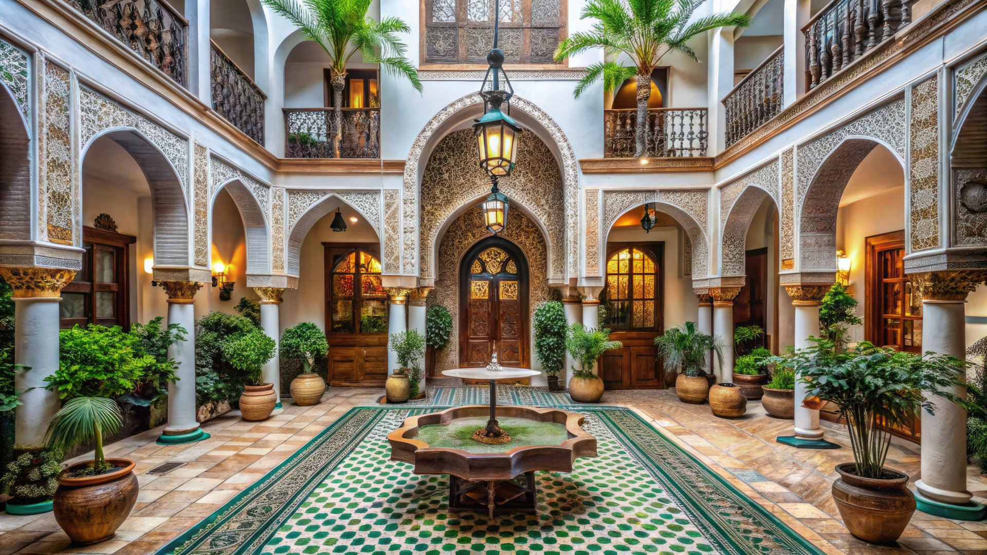 Luxurious riad hotel interior with intricately tiled fountain, ornate archways, and plush furnishings, surrounded by ornamental plants and natural light in Marrakech, Morocco.