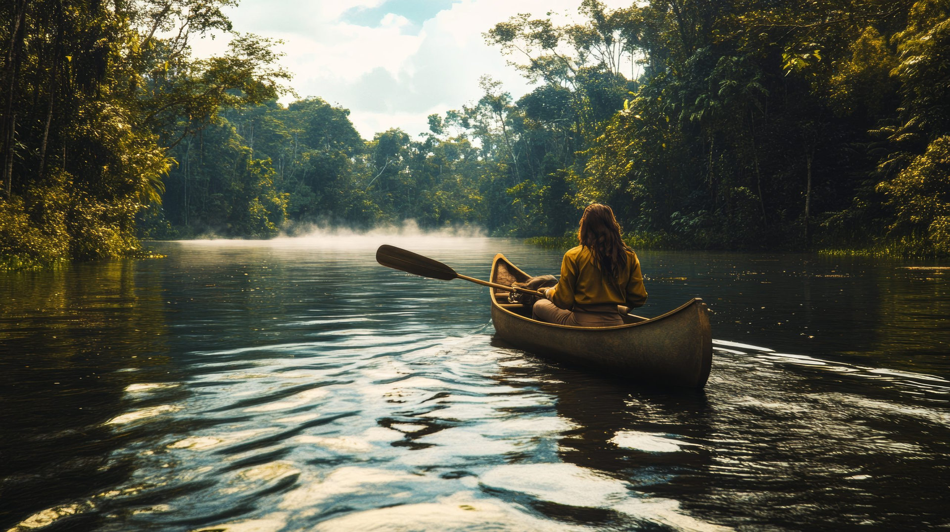 A female explorer navigates the Amazon River in a canoe.