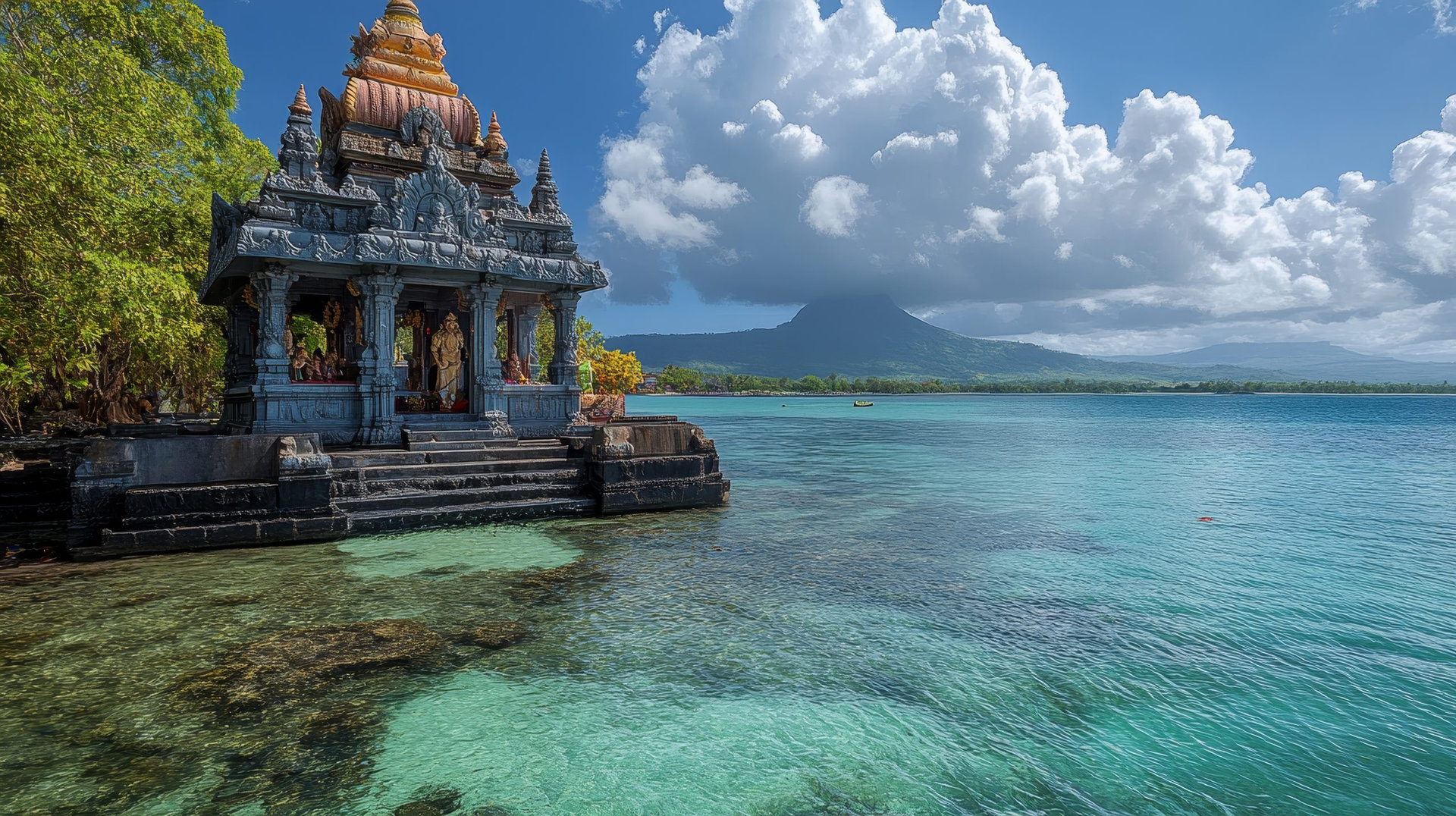 Nestled on a peninsula in Mauritius, Sagar Shiv Mandir, a sacred Hindu temple, honors deities and invites spiritual reflection.
