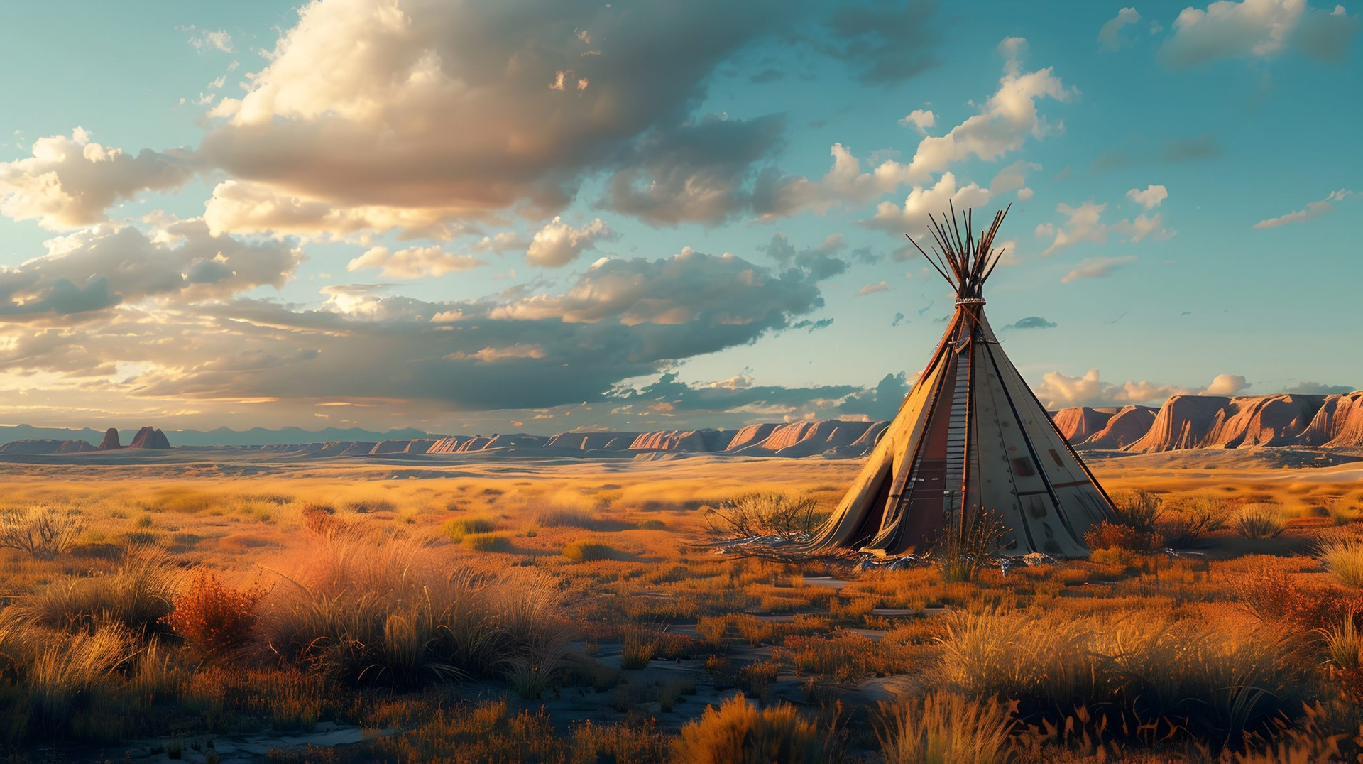 A teepee is in the middle of a vast, empty desert. The sky is cloudy and the sun is setting