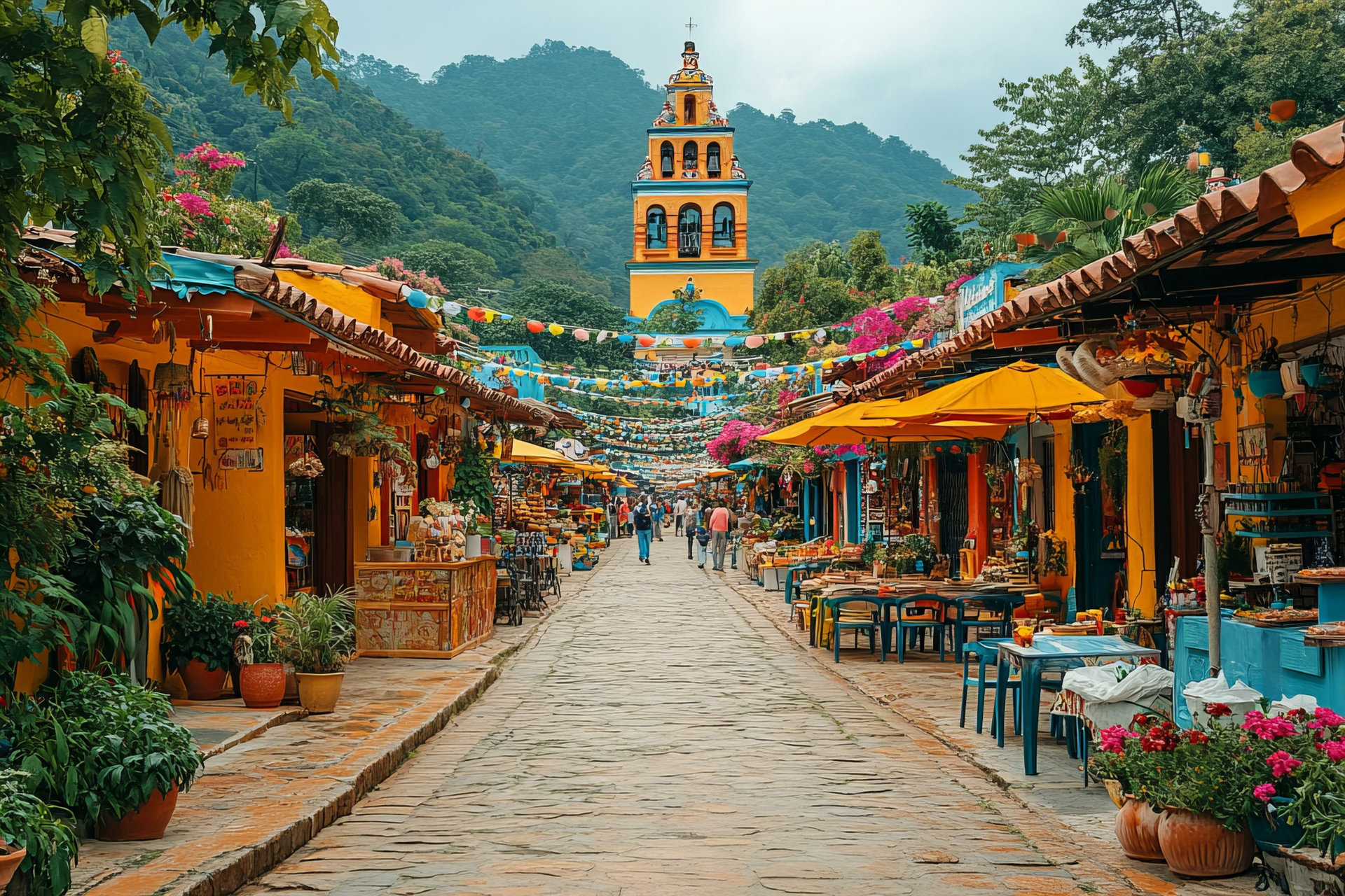 Street market vibrant with colors and food stalls during La Fiesta de la Candelaria, peru fest