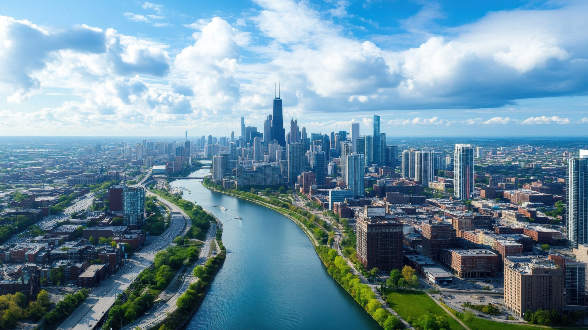 an aerial view of a bustling downtown district during the day, with rows of buildings, green spaces, and a river cutting through the city
