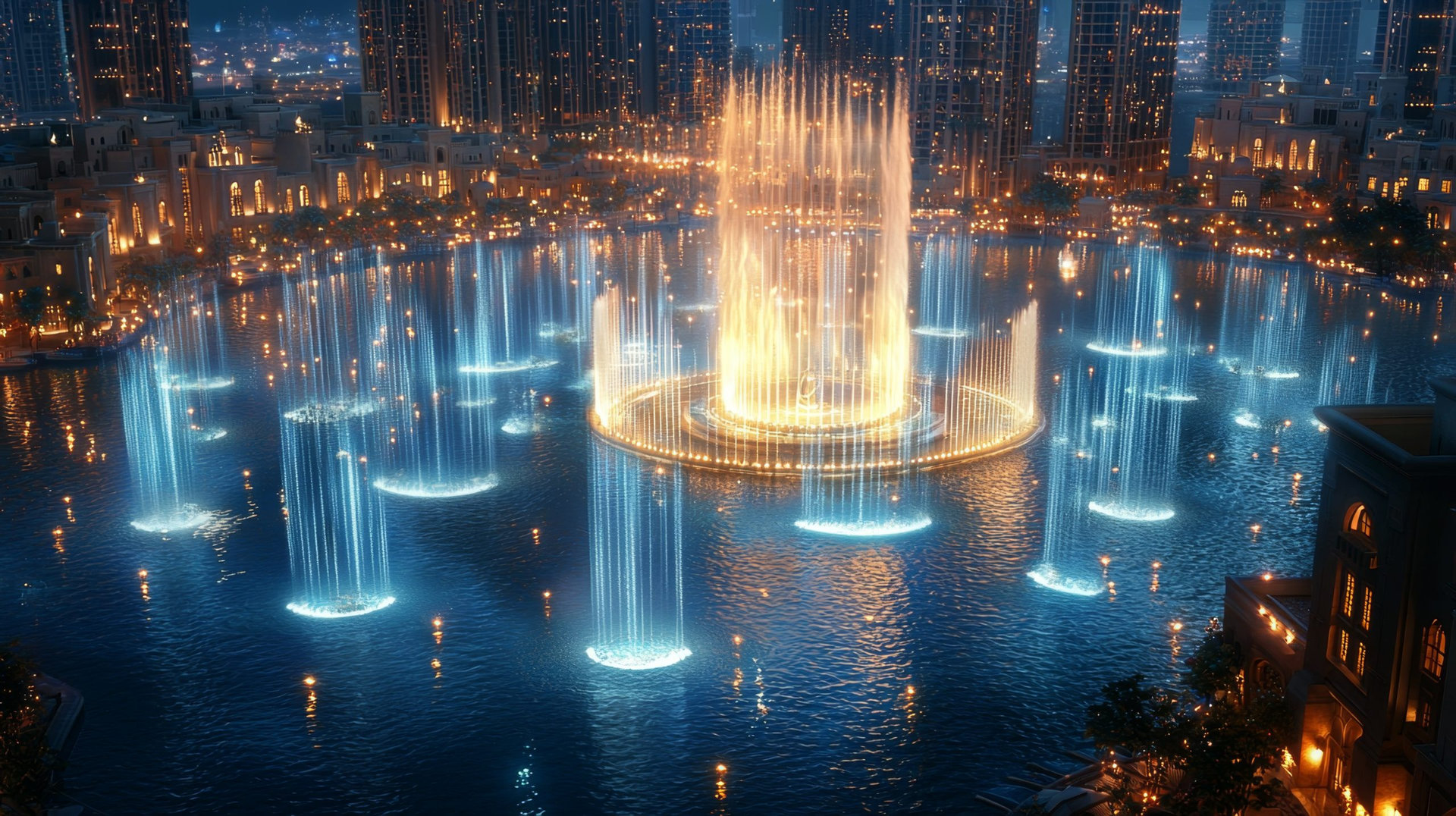 Dubai Fountain Night Show with Illuminated Buildings and Water Jets