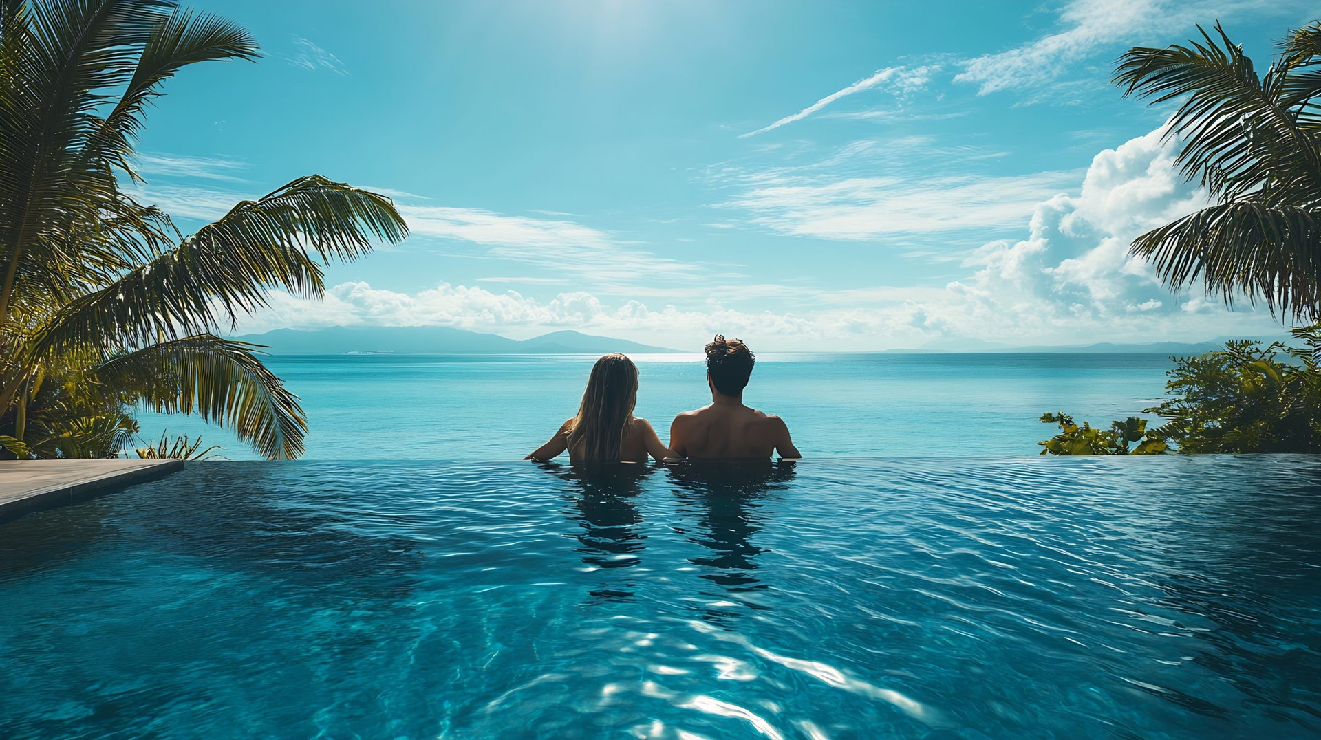 Happy couple in infinity pool at luxury hotel against ocean front enjoy in tropical resort Relaxing summer travel holiday vacation romance and weekend concept : Generative AI