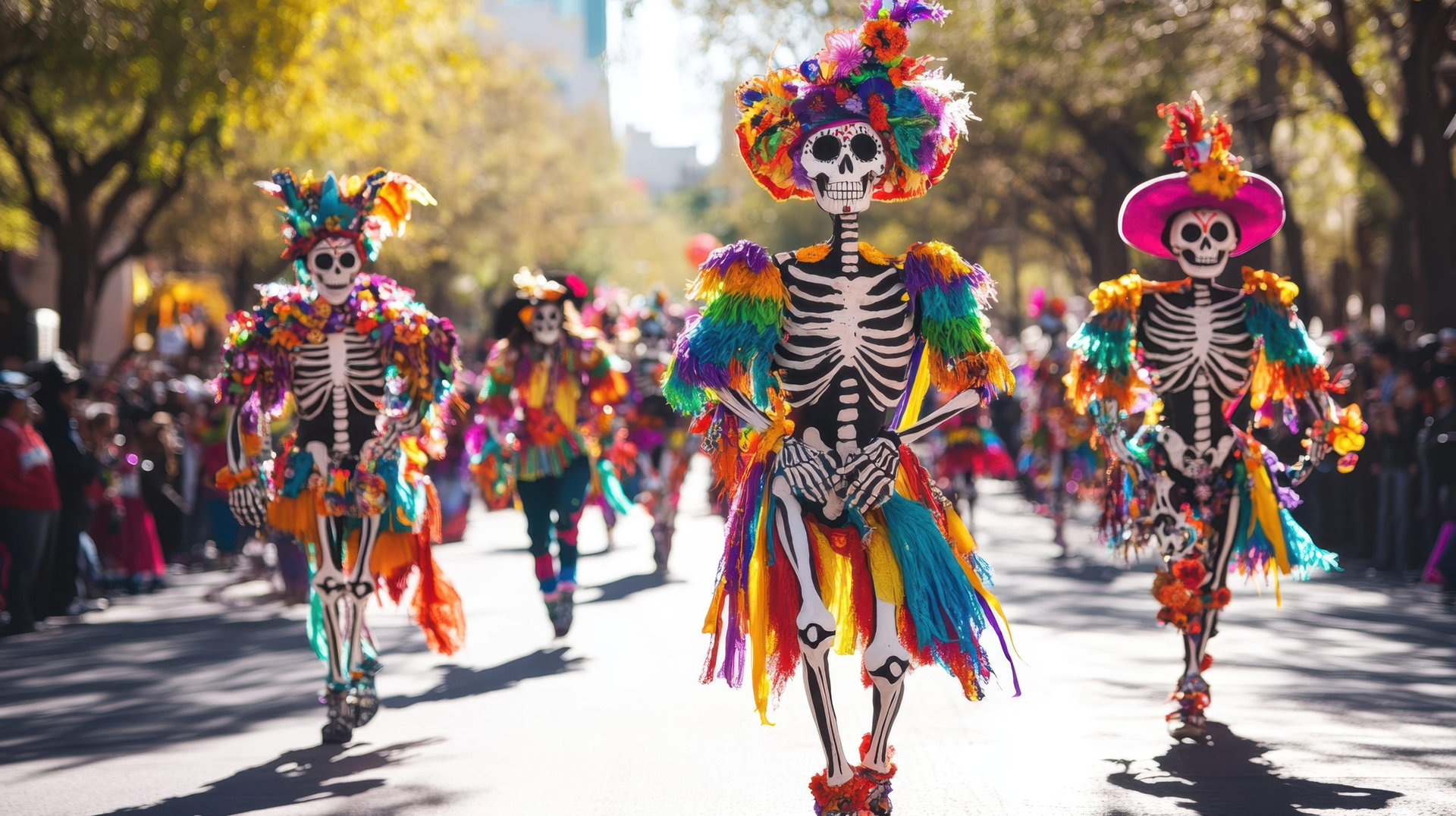 Colorful skeletons parade during Dia de los Muertos, celebrating life and death with vibrant costumes and joyful expressions.
