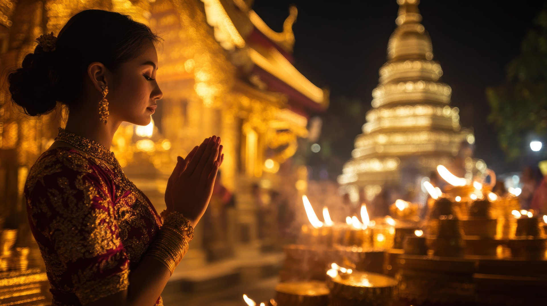 A woman in a red sari stands in front of a temple