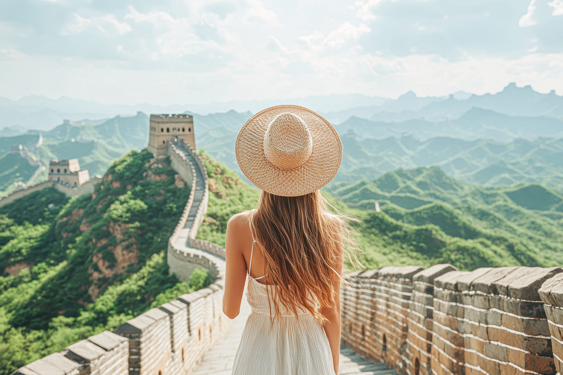 A woman wearing a straw hat stands on a path overlooking a wall. The woman is wearing a white dress and has long hair. The scene is serene and peaceful