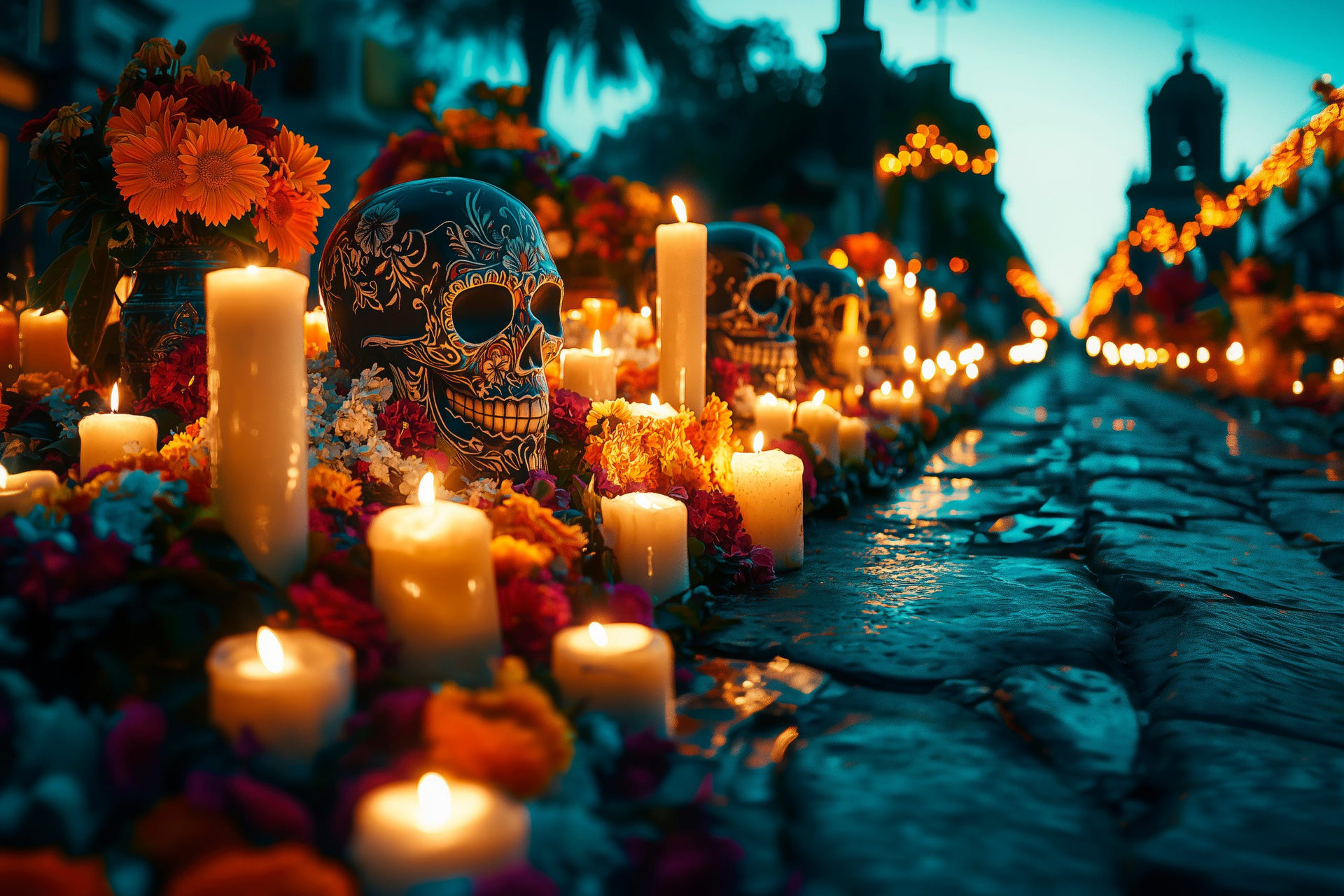 During the Día de los Muertos festival, vibrant marigolds surround intricately designed sugar skulls and flickering candles along a cobblestone street. The atmosphere is filled with warmth and remembrance, as families honor their deceased loved ones. The evening glow casts a serene light over the festive decorations.