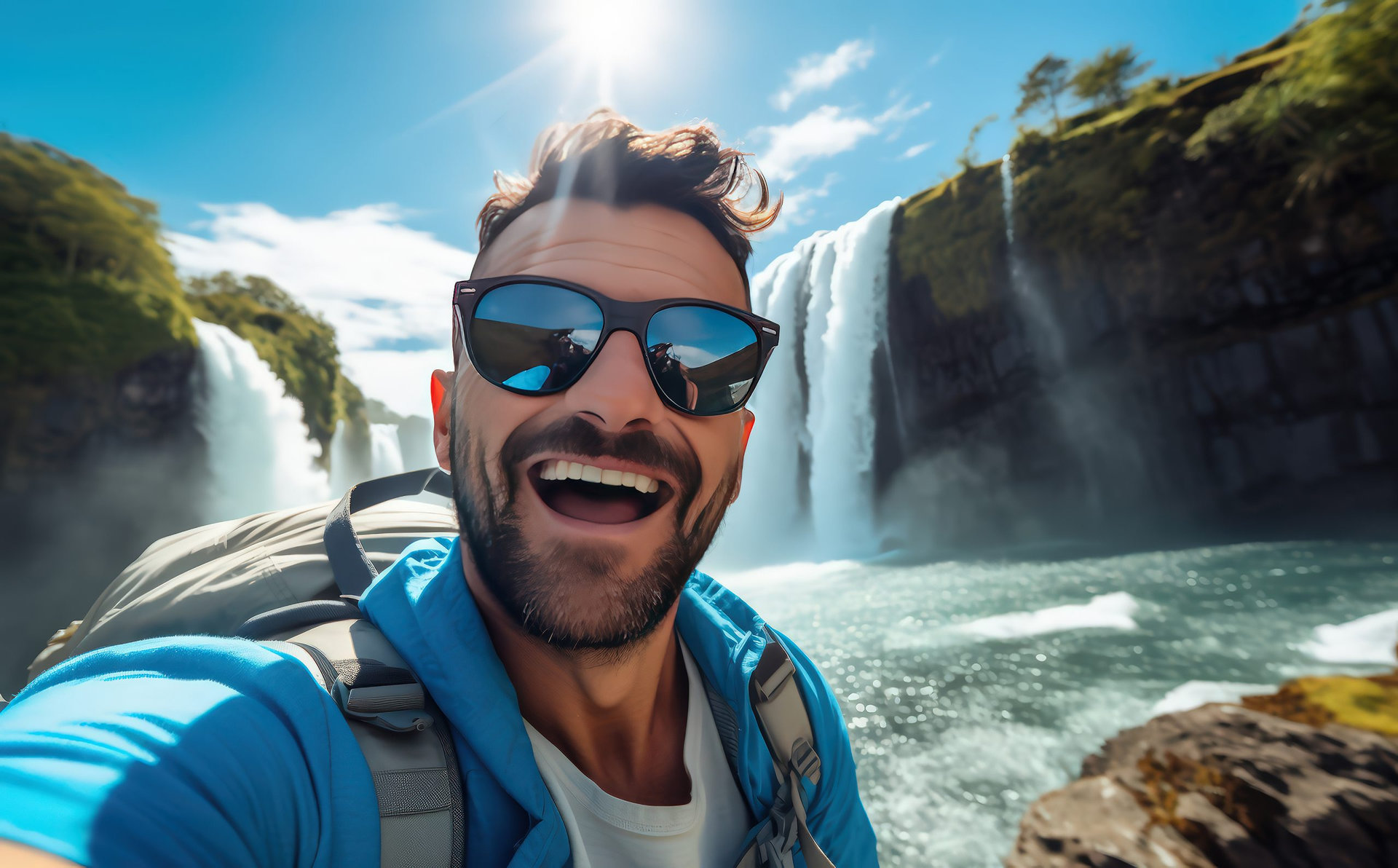 Handsome tourist man visiting national park taking selfie picture in front of waterfall , Traveling , life style..Holiday vacation trip and travel
