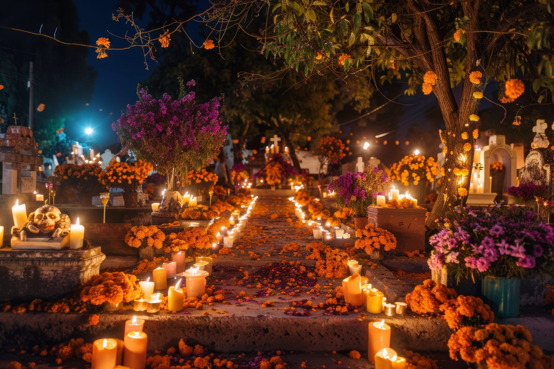 Bright and colorful dia de los muertos altar illuminated by candles, adorned with flowers, creating a warm and lively atmosphere at night in a cemetery.