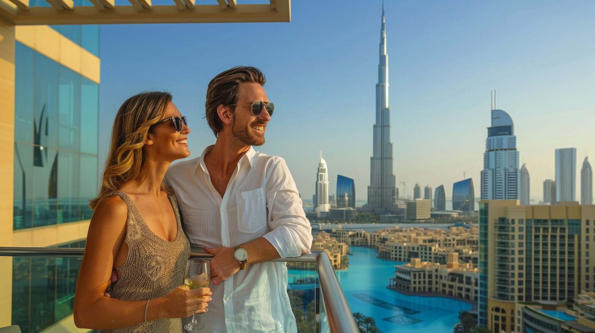 A romantic couple on vacation, enjoying the panoramic view of Dubai from their balcony, iconic skyscrapers and clear skies