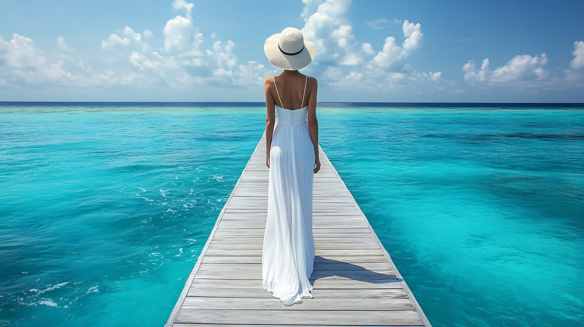 Back view of a elegant woman in white dress and hat walks down a pier over turquoise ocean in the Maldives islands : Generative AI