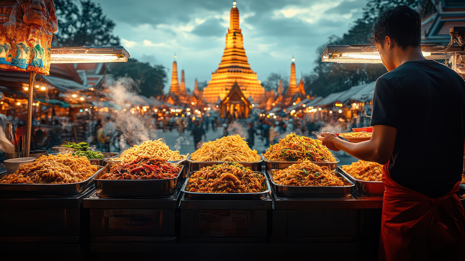 A solo traveler eating pad thai at a bustling street market with the magnificent Grand Palace in Bangkok glowing in the distance, reflecting Thailand