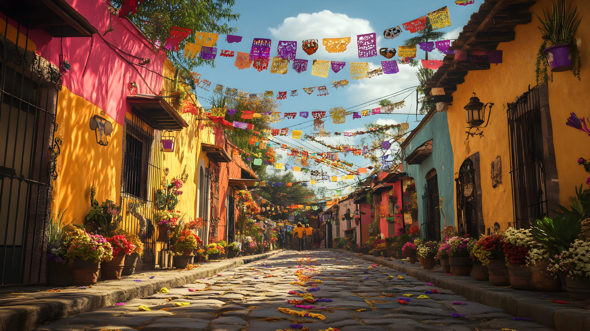 decoracion mexicana y tradicional del dia de muertos en mexico con papel picado en las calles de un pueblo mexicano