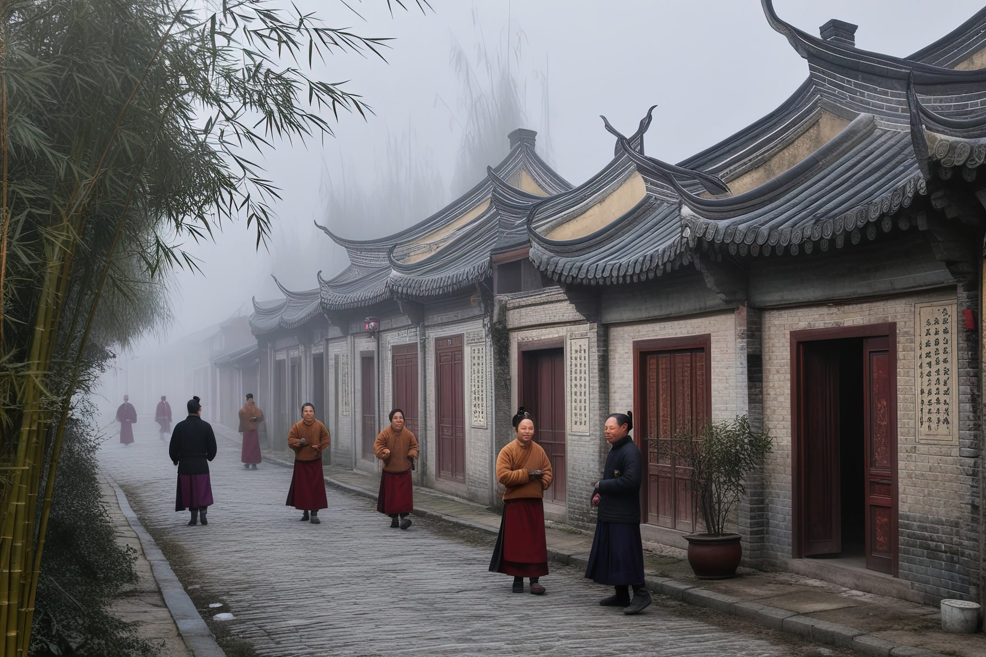 A serene winter morning scene in Wuzhen, Zhejiang, China on February 24, 2019
