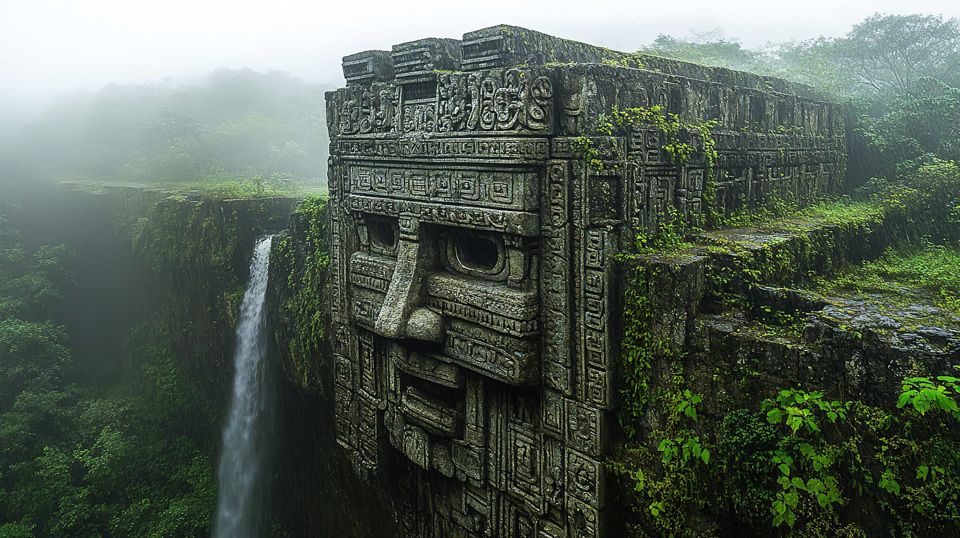 Mayan temple in deep jungle and waterfall