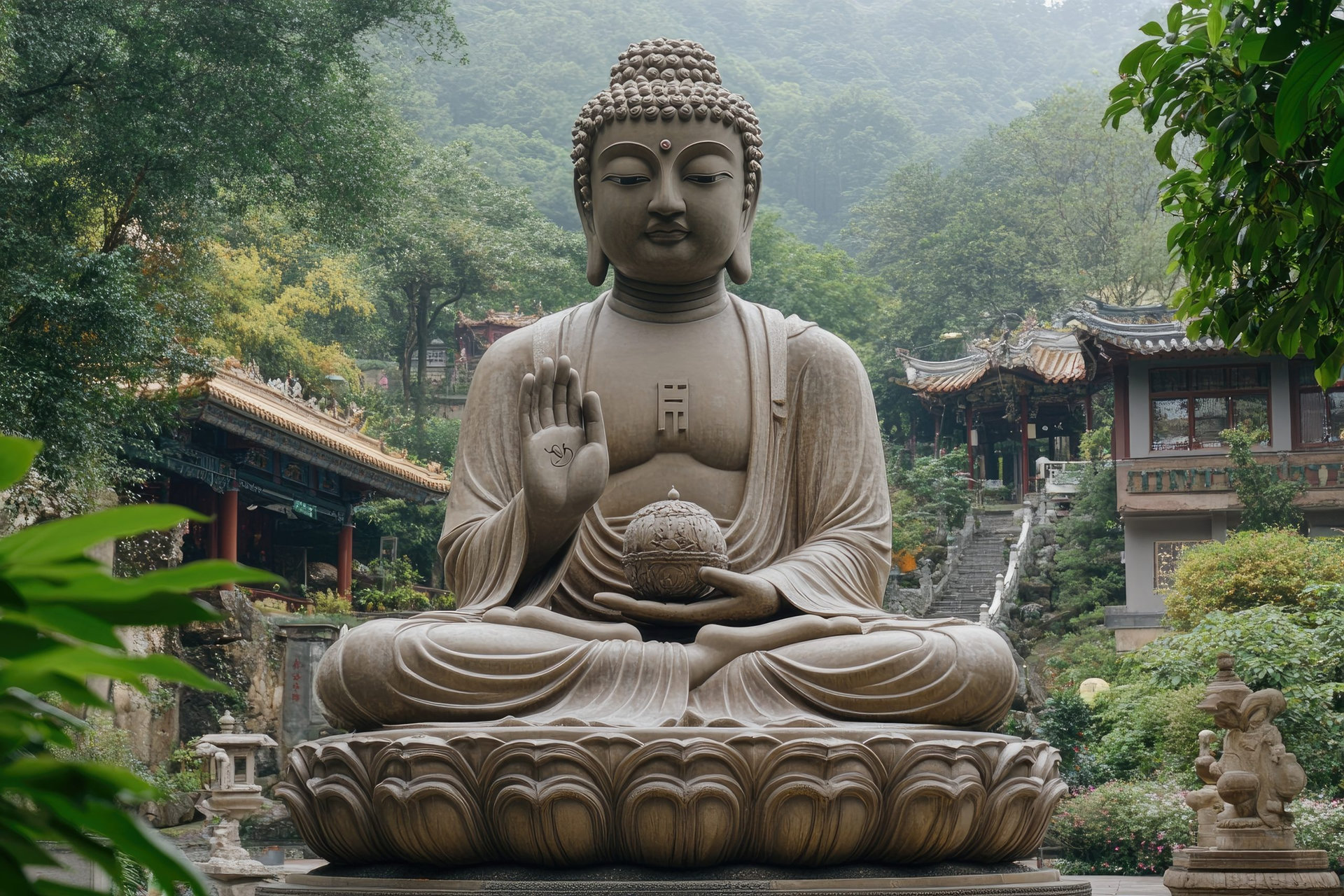 Large stone buddha statue sitting peacefully in a lush garden temple with traditional chinese architecture in the background