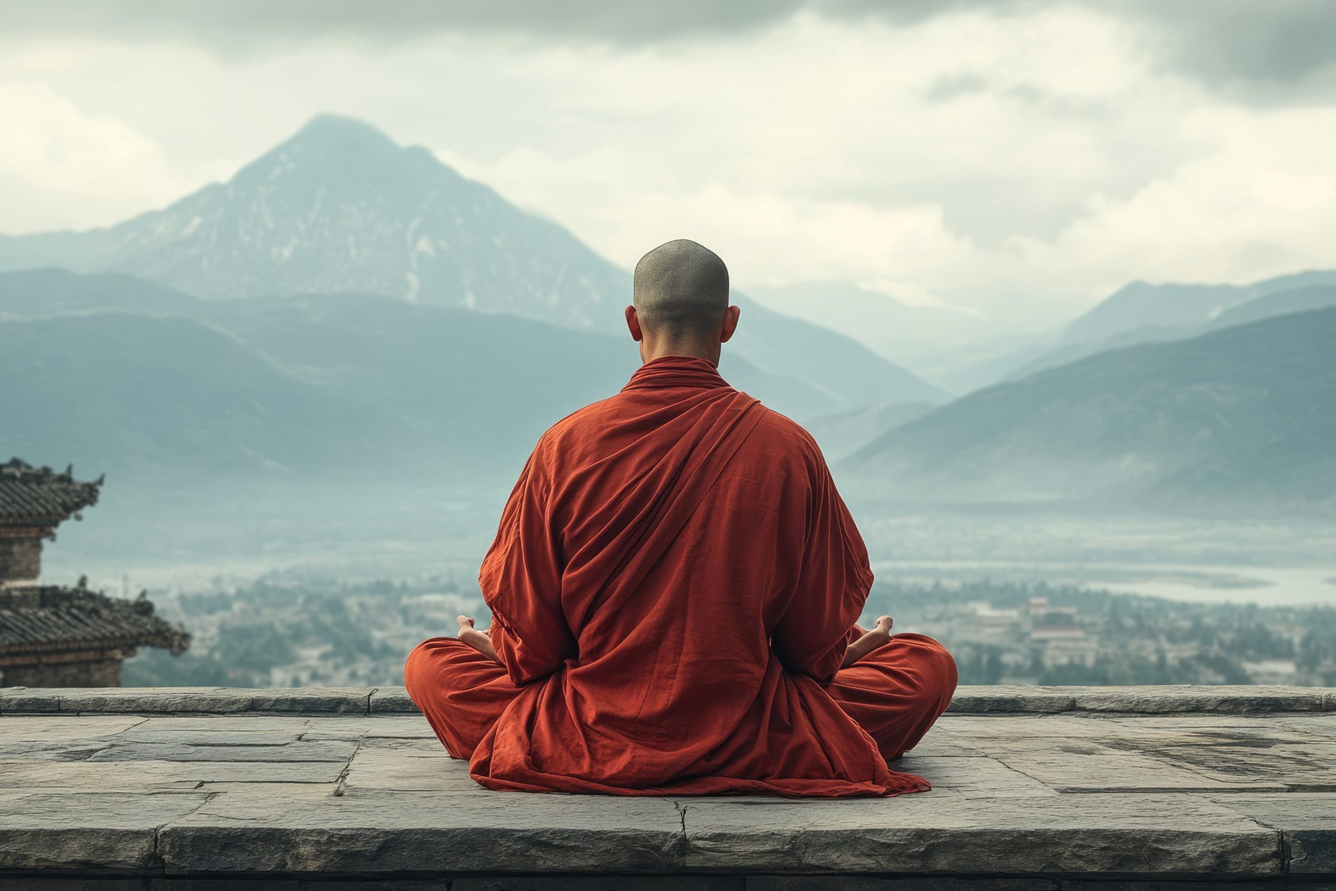 Buddhist monk wearing an orange robe is meditating in the lotus position in front of a beautiful mountain view