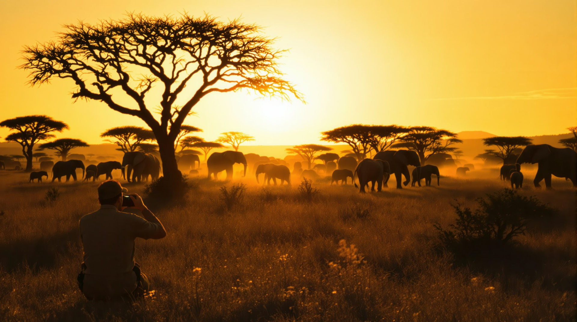 A photographer kneels in the golden light of sunset, capturing a herd of elephants in the distance. Majestic acacia trees frame the serene landscape, showcasing the beauty of nature in the savannah.