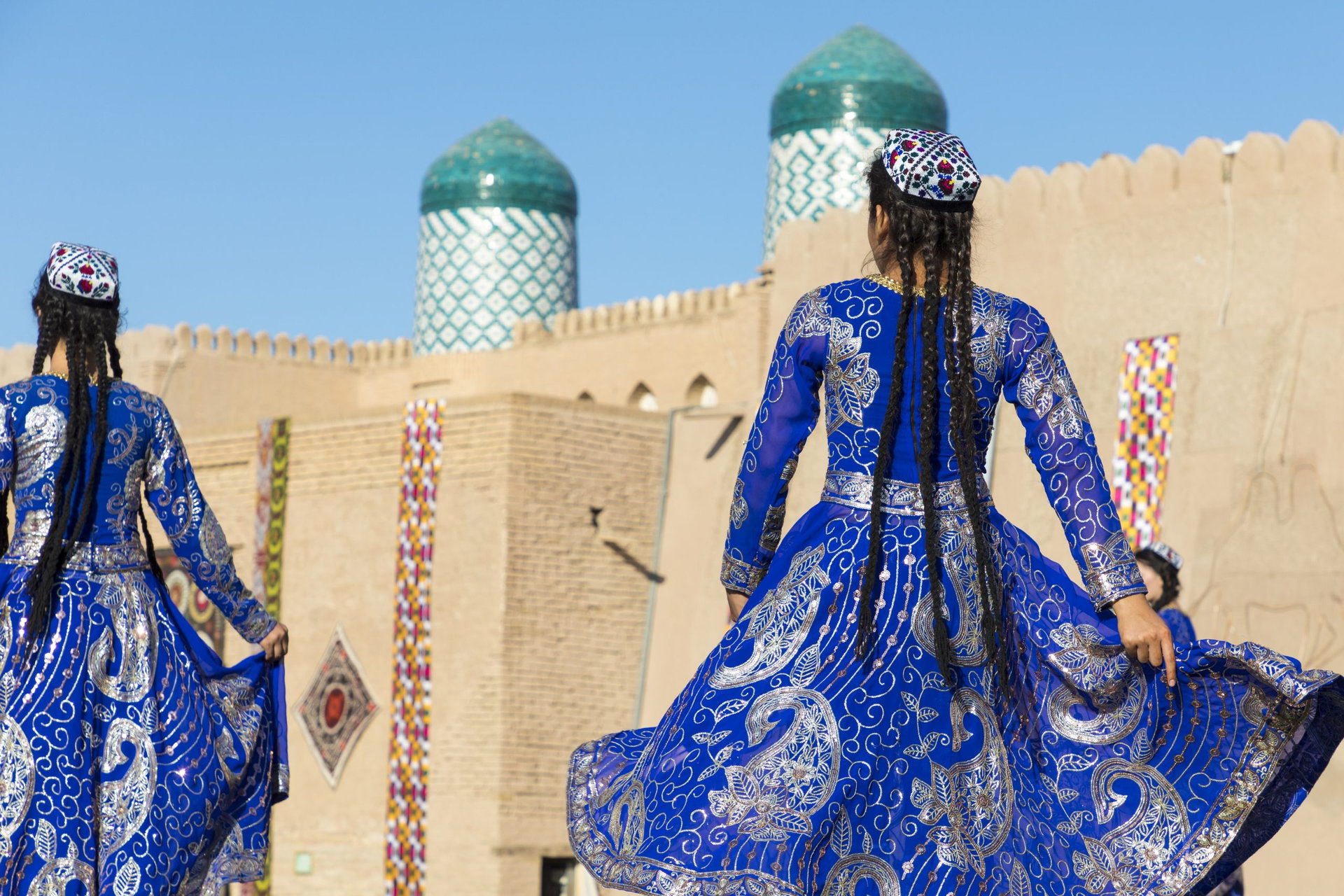 Folk dancers performs traditional dance at local festivals in Khiva, Uzbeksitan.
