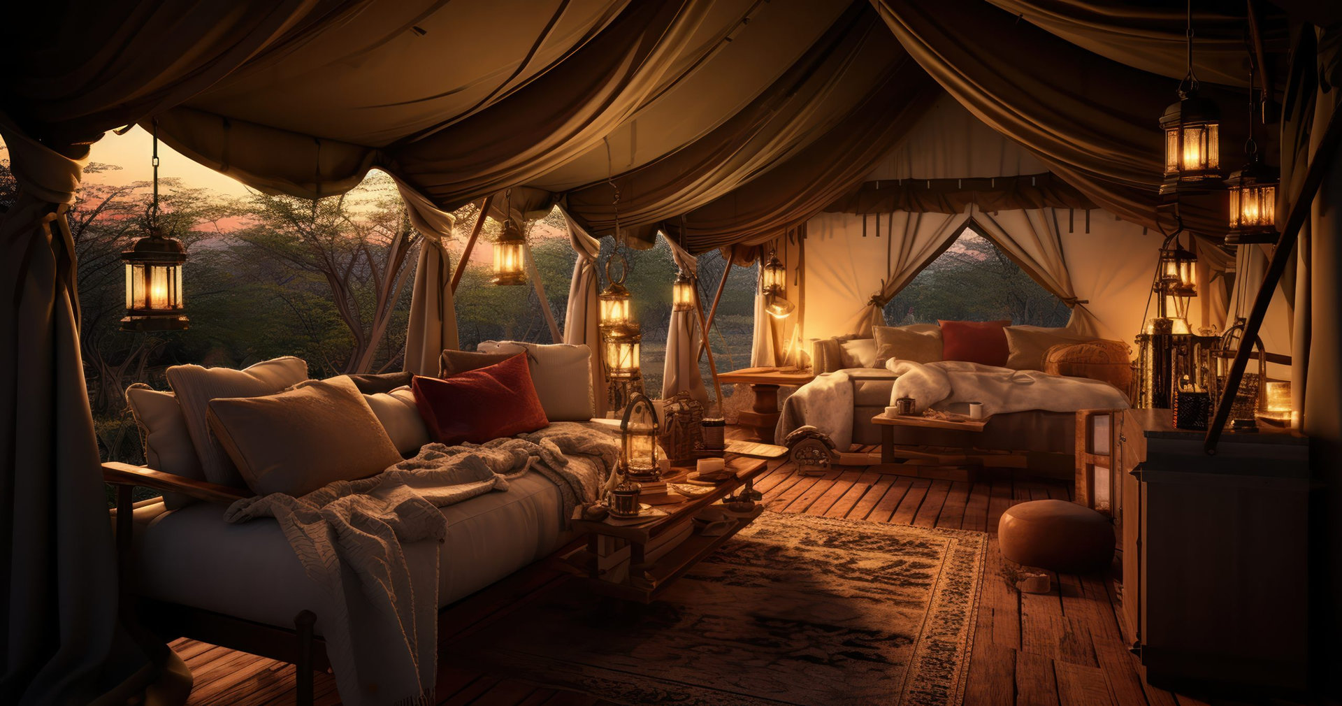 Luxury safari tent set up in the wilderness, complete with plush furnishings and a private view of the savanna