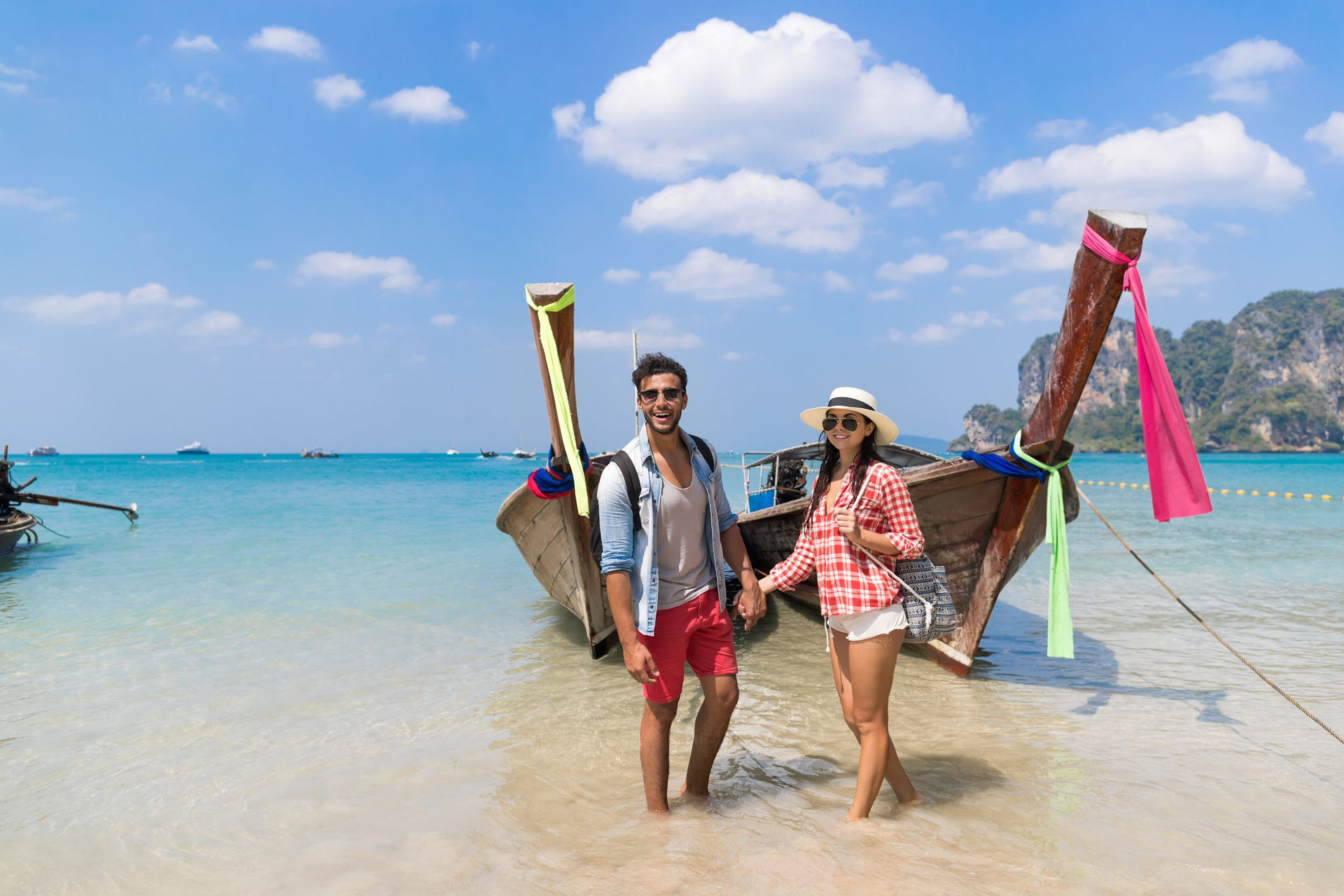 Young Couple Tourist Long Tail Thailand Boat Ocean Sea Vacation Travel Trip Tropical Holiday